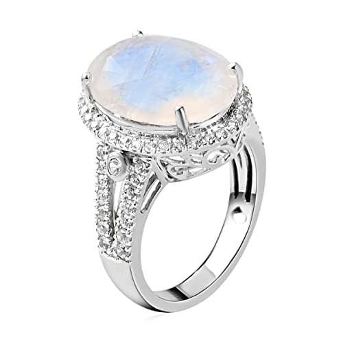 Moon Glow Moonstone White Zircon 925 Sterling Silver Platinum Plated Halo Ring for Women Jewelry Gifts Size 6 Ct 8.7