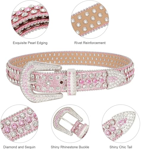 Xpvezl Studded belt Rhinestone Belt for Women Men Belts Cowgirl Bling Silver Leather Belt Western Belt Gifts Festivals Christmas Party Belt Wide Womens Belts Belts for Women Women's Belt(Pink, M)