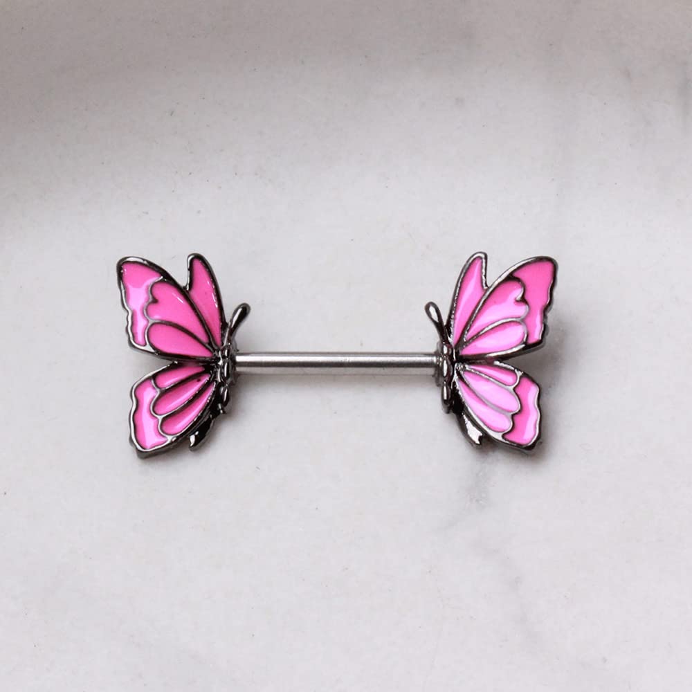 14GA 316L Stainless Steel Hot Pink Butterfly Ends Nipple Barbells, Sold as a Pair