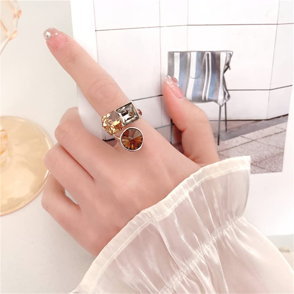 Geometric Crystal Statement Adjustable Open Ring for Women Girls Stacking Bezel Round Princess Cut Cube CZ Art Deco Finger Rings Comfort Fit Fashion Birthday Wedding Christmas Jewelry Gift Size8-10