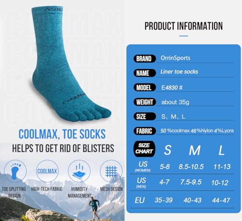 OrrinSports Toe Socks for Men Women Coolmax Liner Running Socks 3 Pairs Breathable Athletic Five Finger Socks (Size Medium)