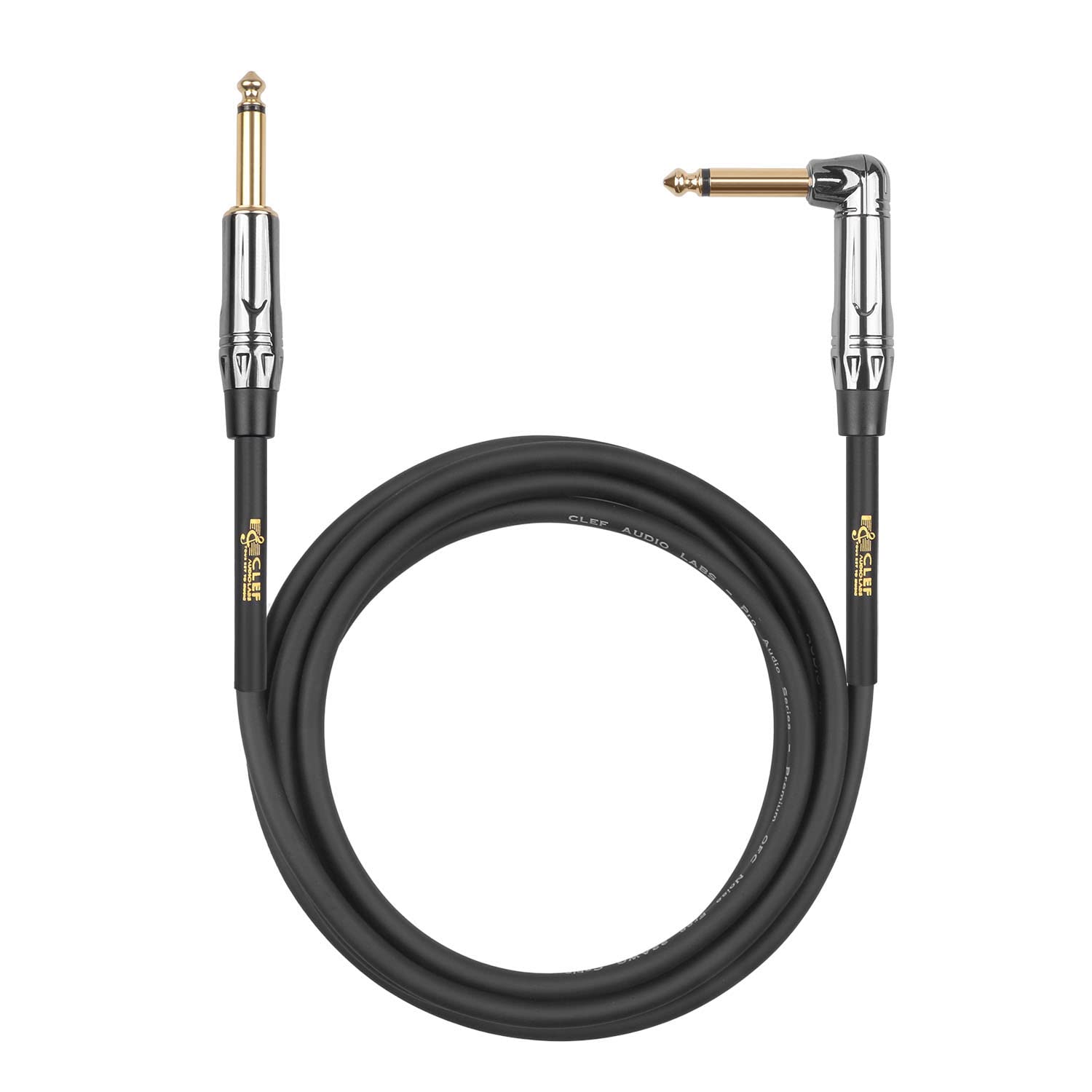 Clef Audio Labs Instrument Guitar Cable, 6ft - 1/4 inch TS Straight to Right Angle Electric bass Guitar AMP Cord, 22AWG, Black-Chrome Zinc Alloy Shell, PVC Jacket