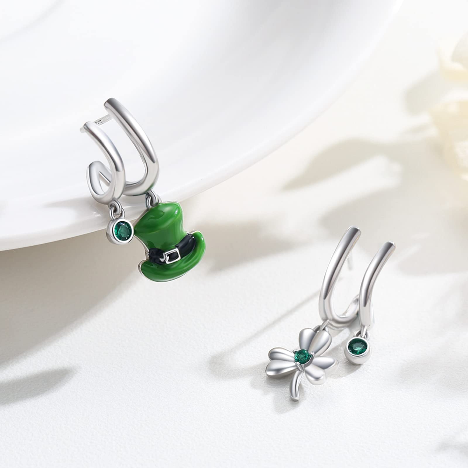 Clover Shamrock Earrings Sterling Silver Green Clover Hat Drop Dangle Earrings Irish Shamrock Jewelry Gift for Women