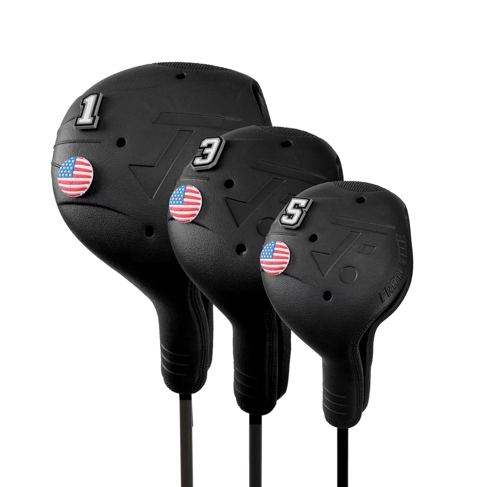 FRANKTECH Golf Club Covers 3pcs and 10pcs USA Flag Pins, Plastic Golf Head Covers for Driver Fairway Woods Hybrid, Driver Headcover Fit All Right-Handed Golf Clubs, Easy On Off, Washable, Funny