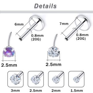 Oicctyzio 20g Threadless Flat Back Push Pin In Opal Nose Rings Studs for Women Men with Flatback 20 Gauge Cartilage Tragus Helix Piercing Jewelry Hypoallergenic Surgical Stainless Steel