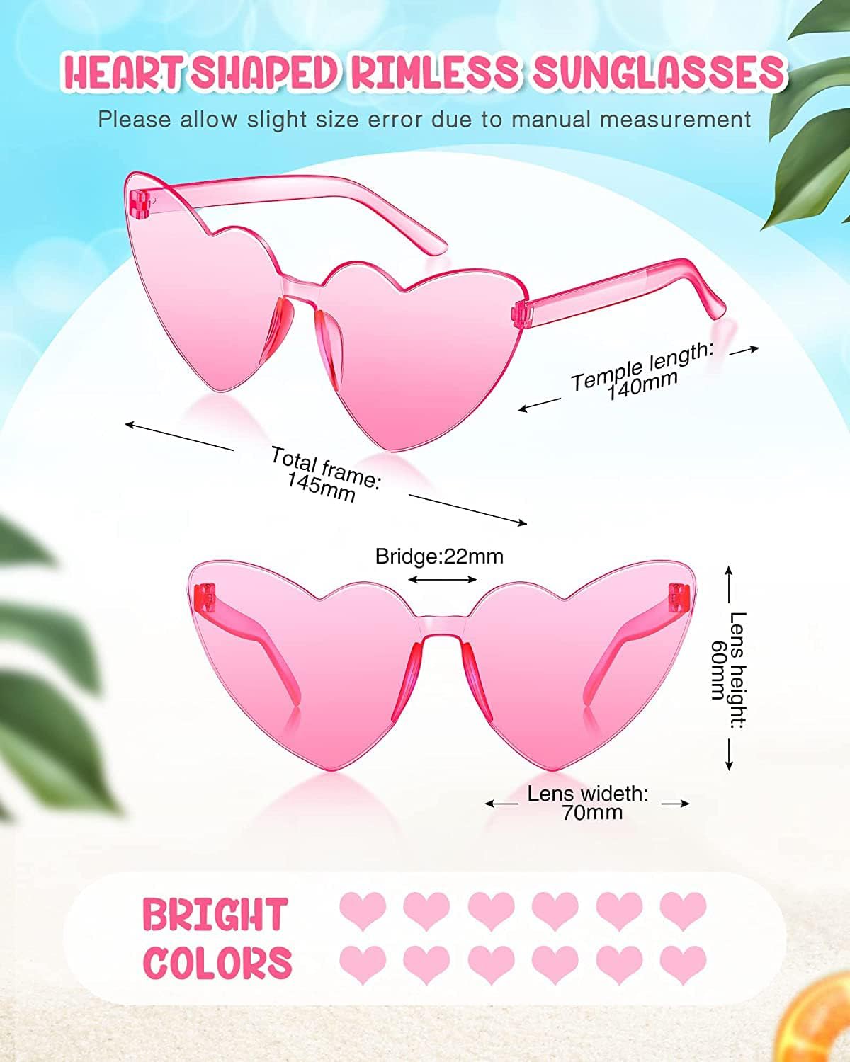 Chicpop Heart Shape Sunglasses Rimless Heart Sunglasses Colorful Heart Glasses for Valentine Mardi Gras Women Party Favor