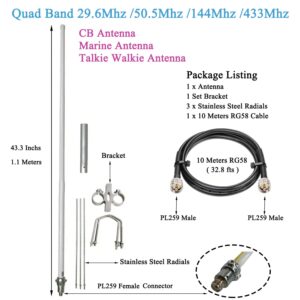 CB Radio Antenna Marine Talkie Walkie Base Station Antennas Boat VHF UHF 29.6/50.5/144/433Mhz Fiberglass Outdoor PL259 for Boat Car RV Uniden Icom Yaesu Cobra Midland Hand Held CB Radio System