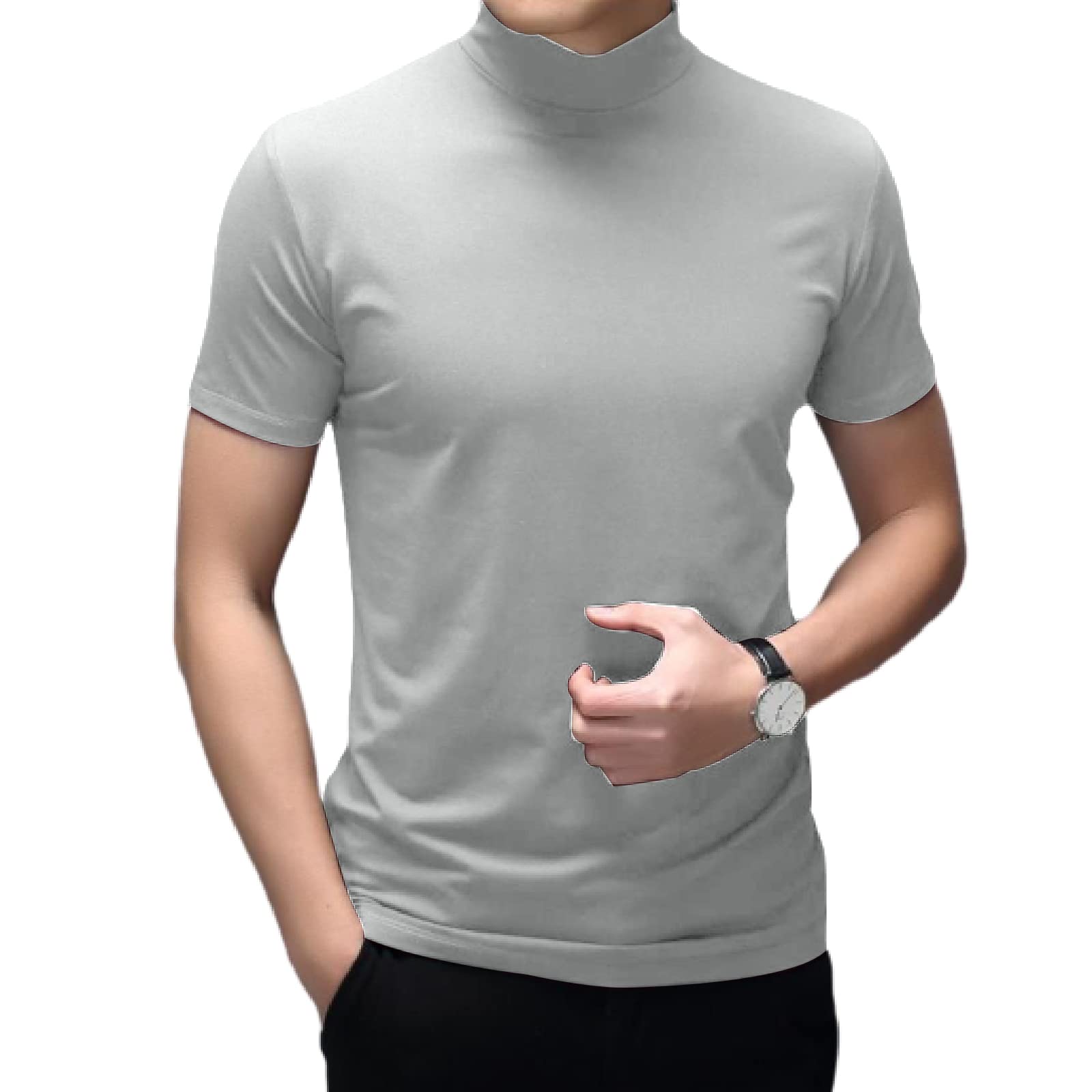 Rela Bota Mens Fashion T-Shirts Undershirts Thermal Underwear Tops Half Turtleneck Short Sleeve Slim Fit Basic Pullover Tees Light Gray