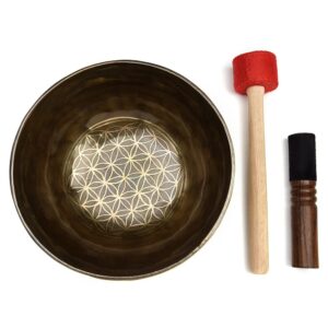 Himalayan Singing Bowl Set — 100% Handmade 8" Meditation Sound Bowl Handcrafted in Nepal with Mallet Striker & Cushion for Spiritual Healing, Mindfulness, Yoga & Relaxation, Flower of Life