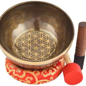 Himalayan Singing Bowl Set — 100% Handmade 8" Meditation Sound Bowl Handcrafted in Nepal with Mallet Striker & Cushion for Spiritual Healing, Mindfulness, Yoga & Relaxation, Flower of Life