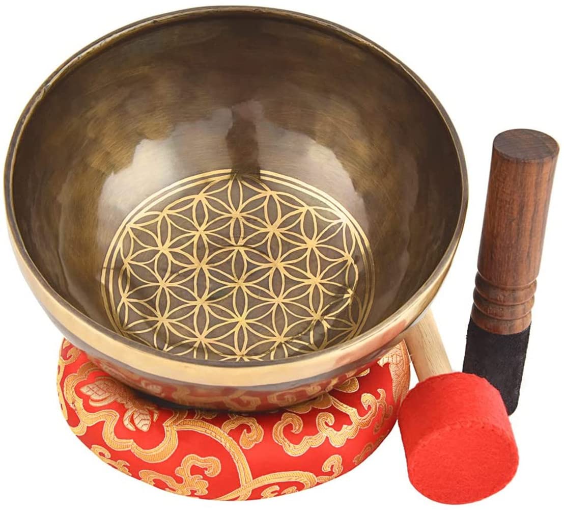 Himalayan Singing Bowl Set — 100% Handmade 8" Meditation Sound Bowl Handcrafted in Nepal with Mallet Striker & Cushion for Spiritual Healing, Mindfulness, Yoga & Relaxation, Flower of Life