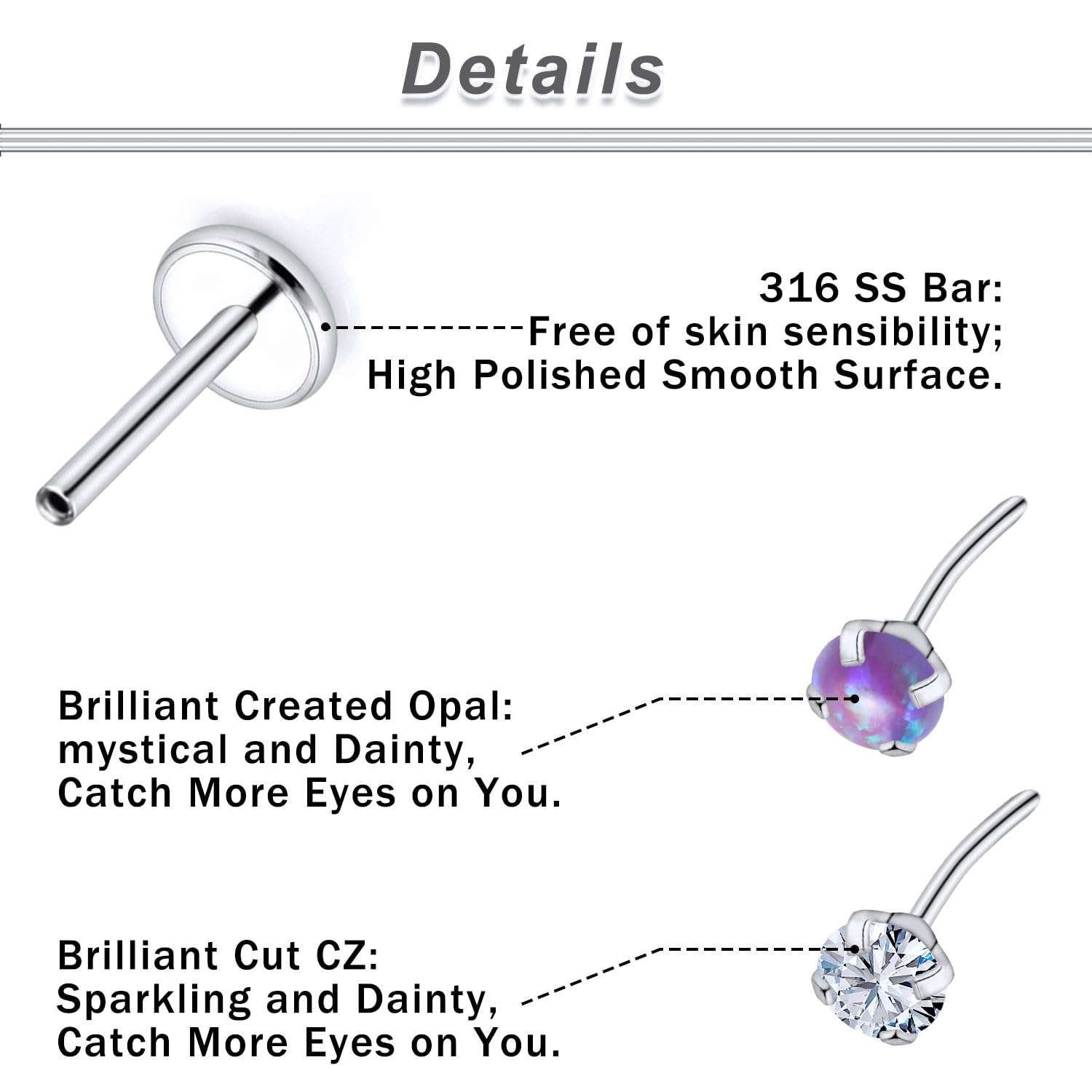 Oicctyzio 20g Threadless Flat Back Push Pin In Opal Nose Rings Studs for Women Men with Flatback 20 Gauge Cartilage Tragus Helix Piercing Jewelry Hypoallergenic Surgical Stainless Steel