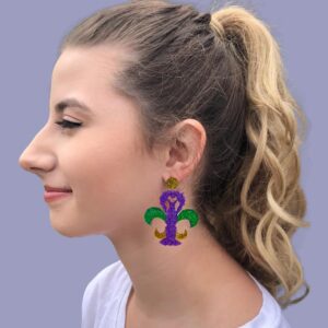 Cute Pair of Crawfish Fleur De Lis Earrings for Mardi Gras, Fat Tuesday, Mardi Gras Themed Parties and More. Cute Pair of Red, Yellow, and Green Mardi Gra Earrings for Parades, Acrylic, No Gemstone