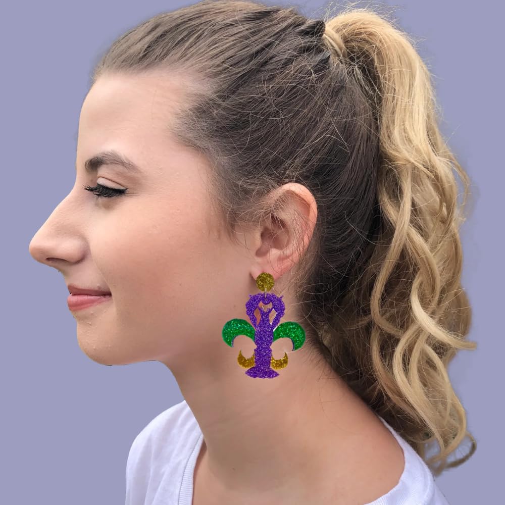 Cute Pair of Crawfish Fleur De Lis Earrings for Mardi Gras, Fat Tuesday, Mardi Gras Themed Parties and More. Cute Pair of Red, Yellow, and Green Mardi Gra Earrings for Parades, Acrylic, No Gemstone