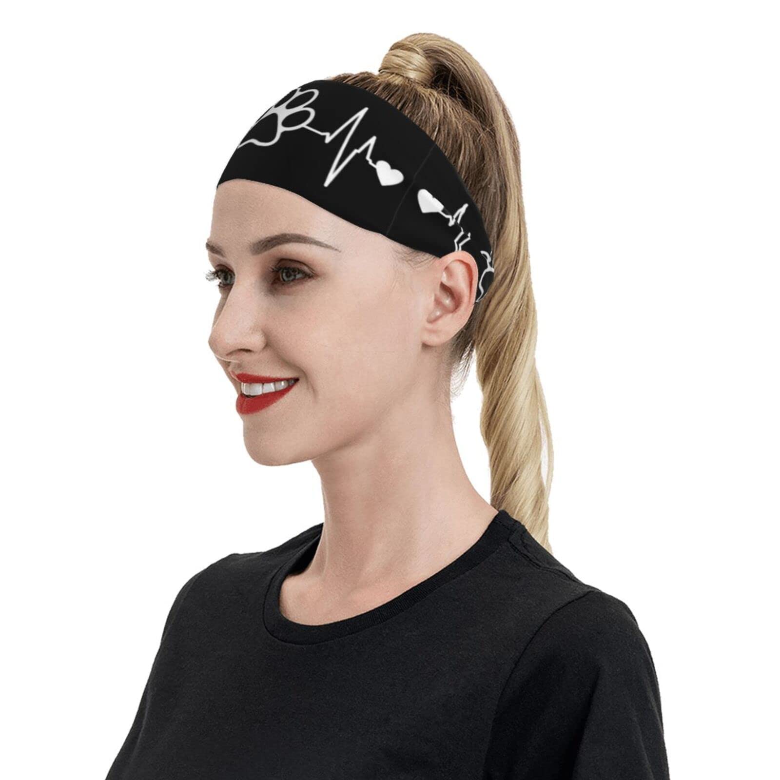 Jogging Headband Dog Paw Print Heartbeat Moisture Wicking Stretch Sweatbands