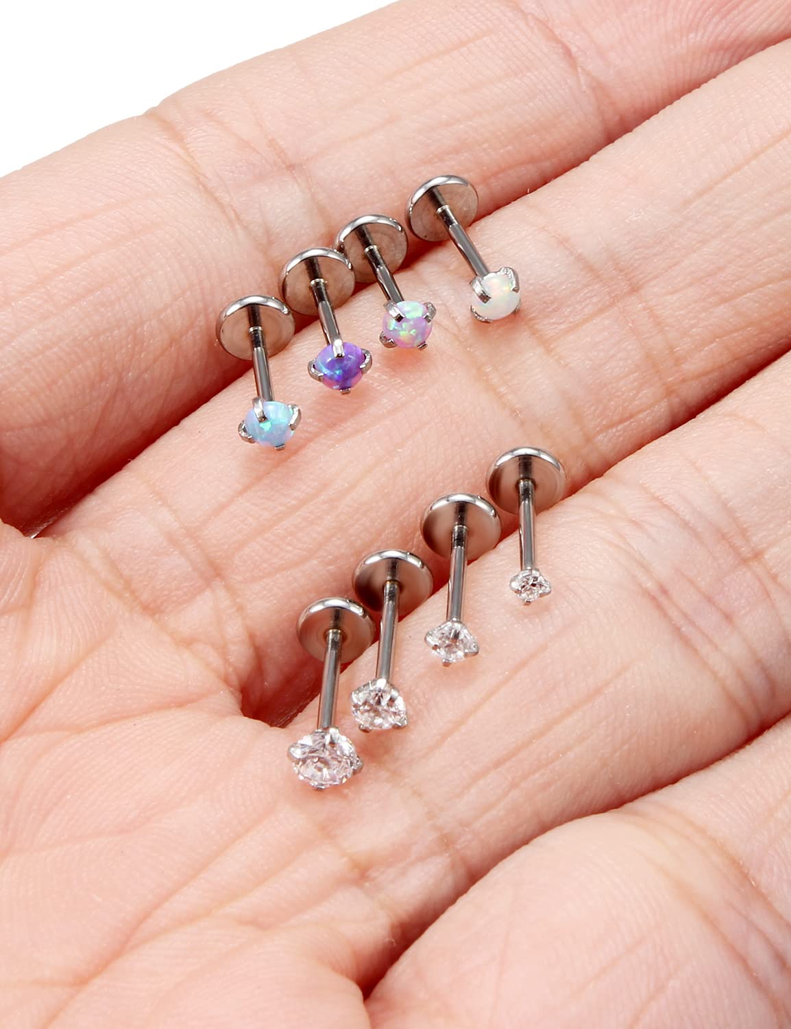 Oicctyzio 20g Threadless Flat Back Push Pin In Opal Nose Rings Studs for Women Men with Flatback 20 Gauge Cartilage Tragus Helix Piercing Jewelry Hypoallergenic Surgical Stainless Steel