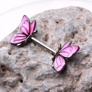 14GA 316L Stainless Steel Hot Pink Butterfly Ends Nipple Barbells, Sold as a Pair