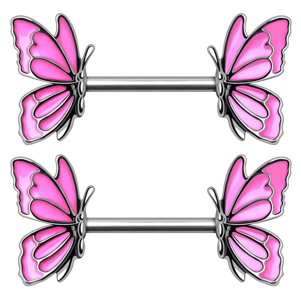 14GA 316L Stainless Steel Hot Pink Butterfly Ends Nipple Barbells, Sold as a Pair