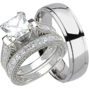 his and hers trio wedding ring set 3 pcs couples rings bride groom band him her 13/9