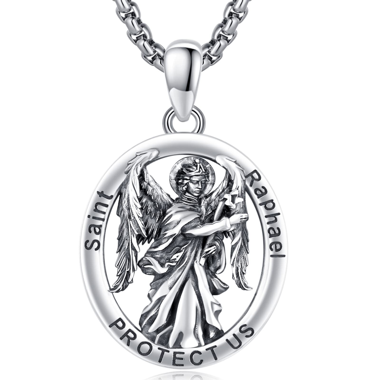 XIXLES Saint Raphael Necklace S925 Sterling Silver Archangel St Raphael Medal Pendant Jewelry for Men with 20 in Chain