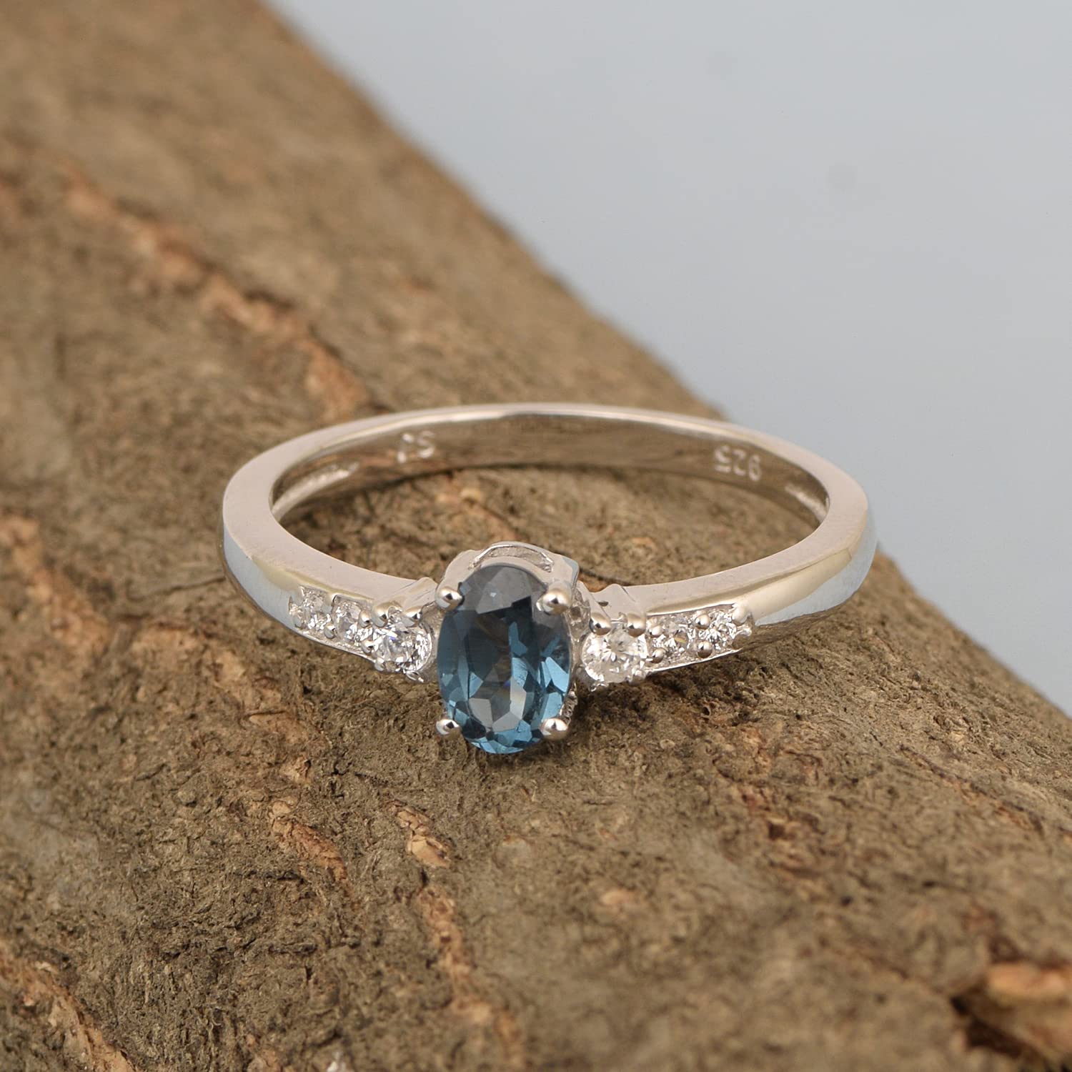 925 Sterling Silver London Blue Topaz and White Topaz Accents Women Engagement Ring (1.2 Ct Oval 6X4 MM, Gemstone Birthstone) Size_7