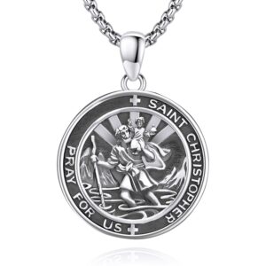 dotbj st christopher round medal necklace, 925 sterling silver saint christopher pendant with stainless steel chain 22"+2"