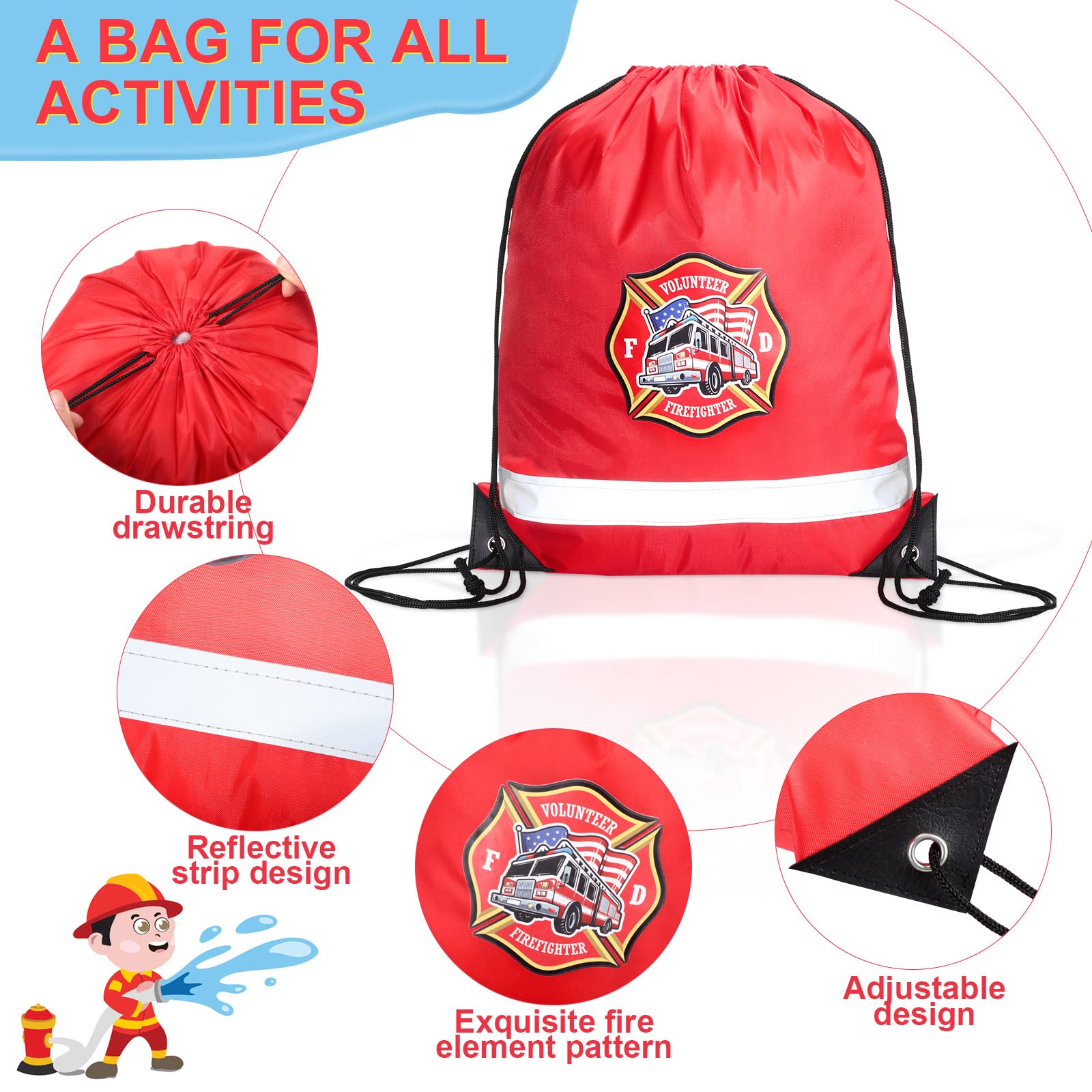 Xinnun 20 Pcs 13.39 x 16.54 Inch Firefighter Drawstring Backpack Firefighter Bag Fire Truck Firetruck Birthday Party Favor