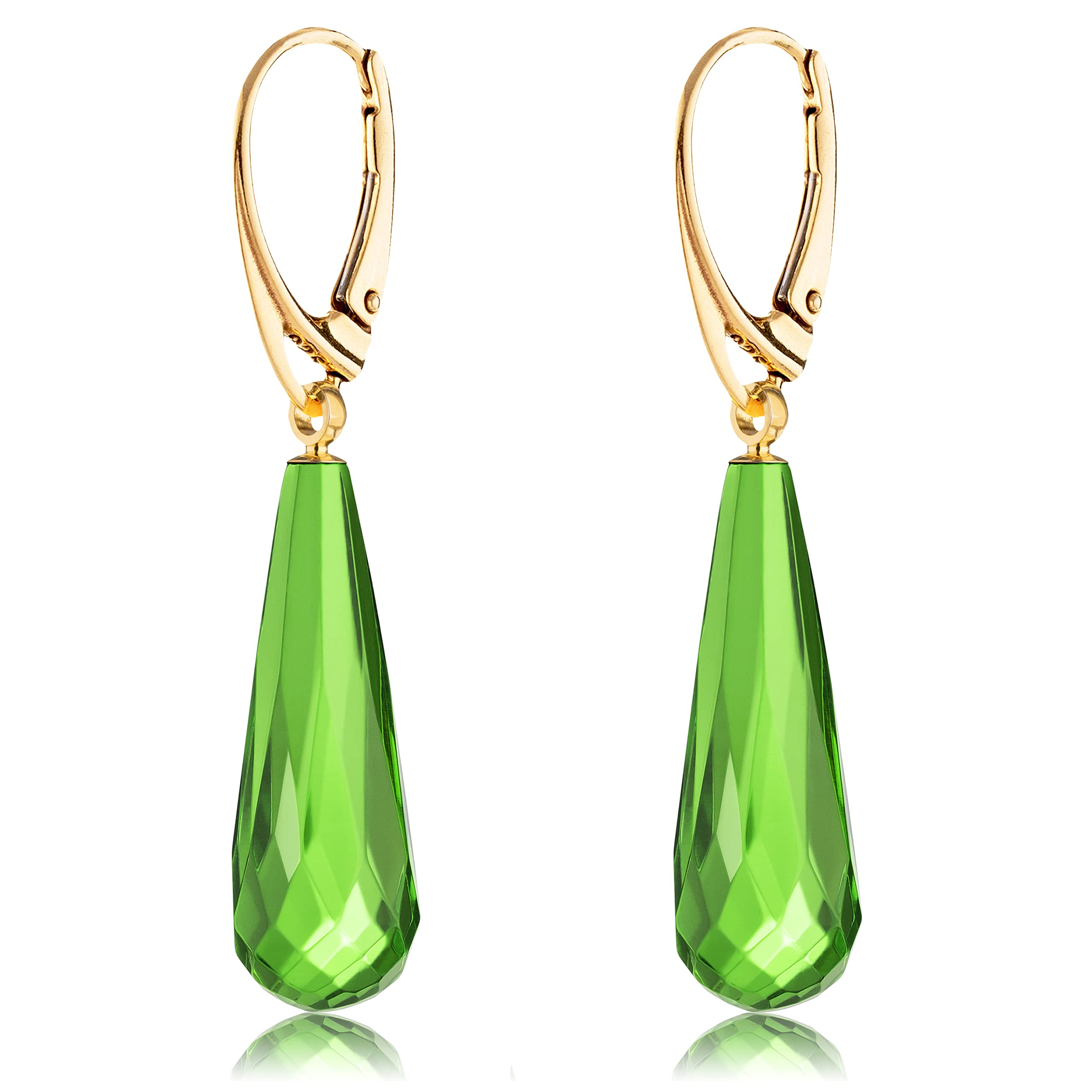 Amber by Mazukna - Amber Earrings for Women, Green Gemstone Teardrop, Gold Plated Silver ag925 Closure, 1.77x0.34in 0,07oz, Dangle Semi-Precious Stone Jewelry (Gold Plated)