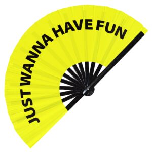 just wanna have fun hand fan foldable bamboo circuit hand fan funny gag slang words expressions statement gifts festival accessories rave handheld circuit event fan clack fans (yellow)