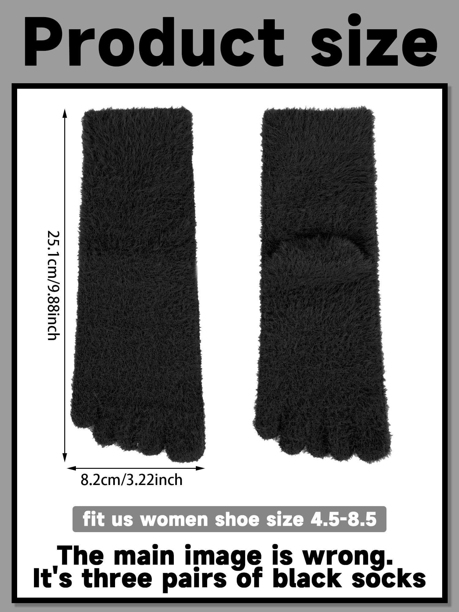 Bencailor 3 Pairs Women Toe Socks Fuzzy Toe Socks Warm Winter Toe Socks Five Toe Socks for Women Men, Size 5-8(Black)