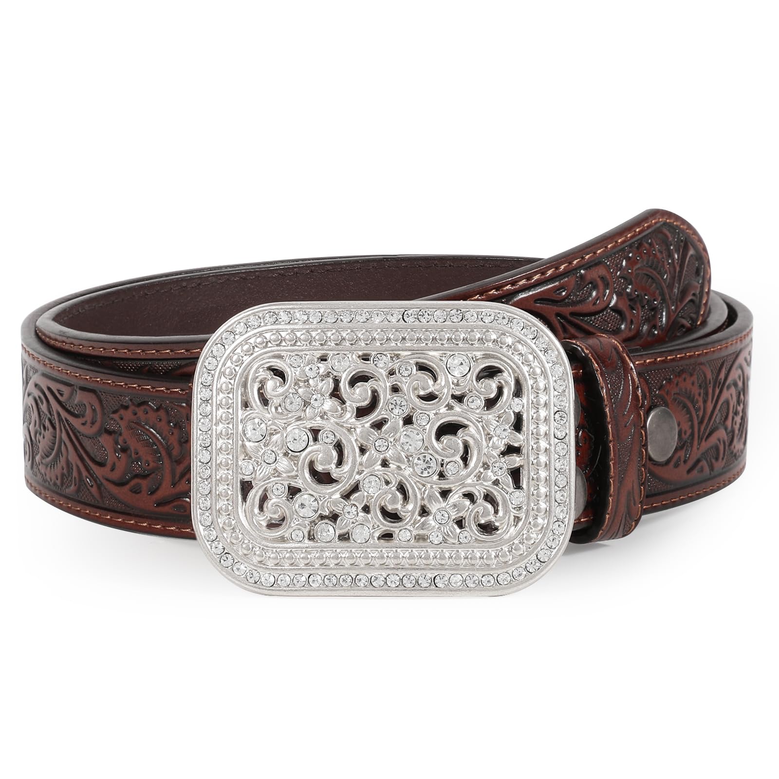 WOWOGO Women Men Western Genuine Leather Belt Cowgirl Cowboy Floral Engraved Tooled Belt Strap Embossed Scrollwork Buckle