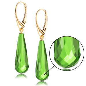 Amber by Mazukna - Amber Earrings for Women, Green Gemstone Teardrop, Gold Plated Silver ag925 Closure, 1.77x0.34in 0,07oz, Dangle Semi-Precious Stone Jewelry (Gold Plated)