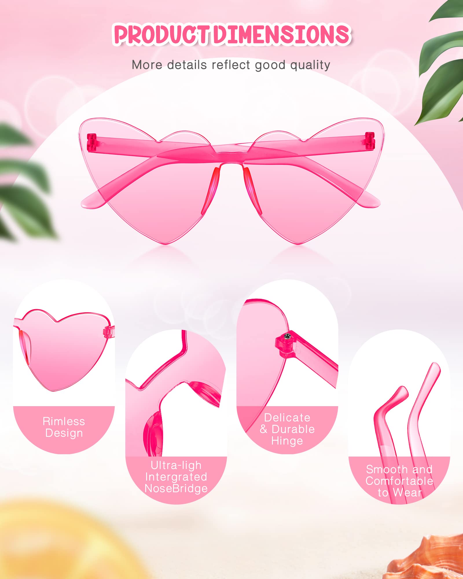 Chicpop Heart Shape Sunglasses Rimless Heart Sunglasses Colorful Heart Glasses for Valentine Mardi Gras Women Party Favor