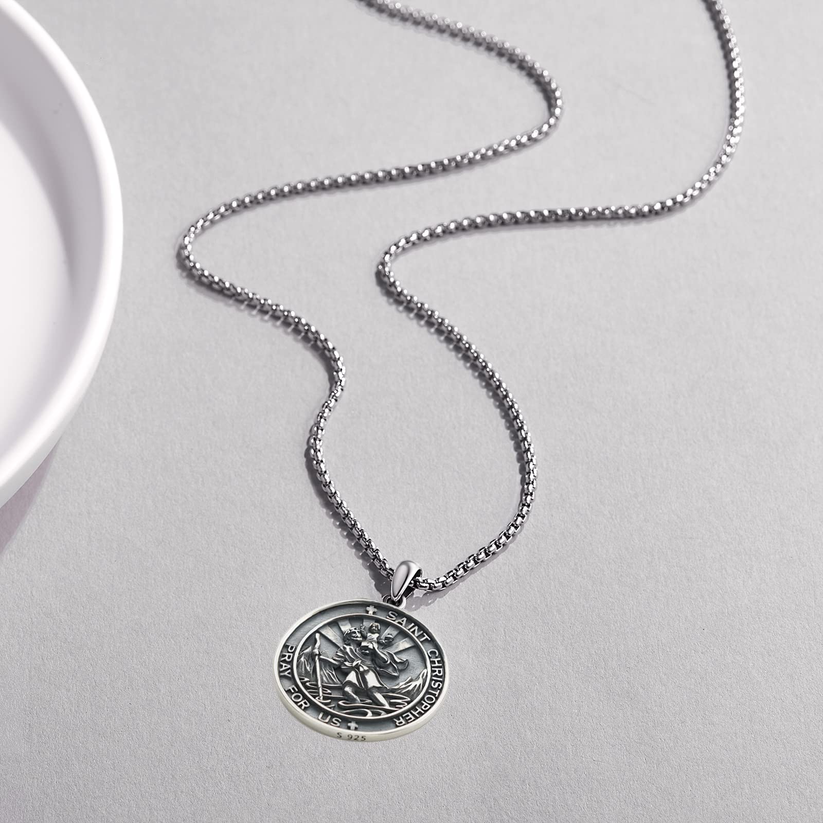 DOTBJ St Christopher Round Medal Necklace, 925 Sterling Silver Saint Christopher Pendant with Stainless Steel Chain 22"+2"