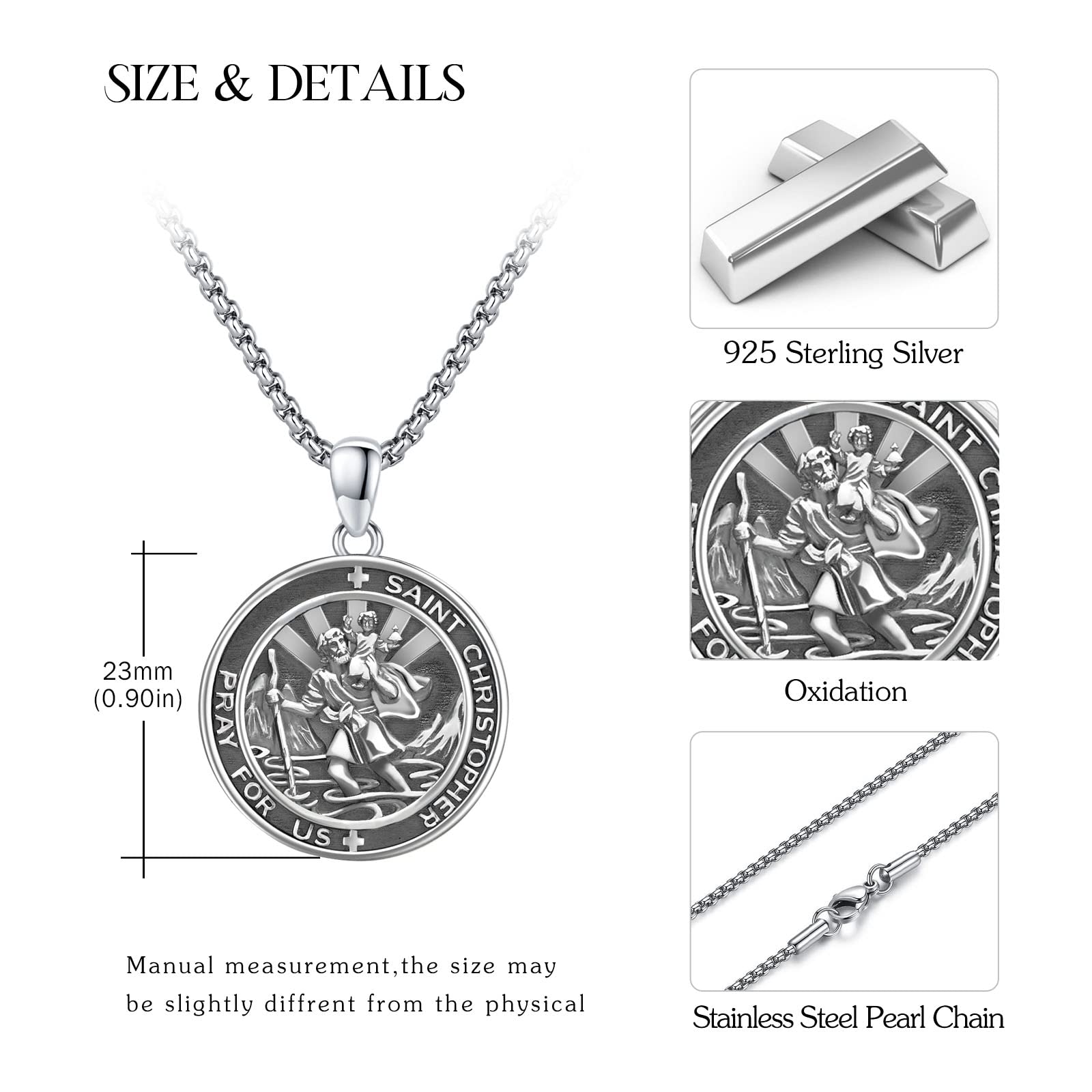 DOTBJ St Christopher Round Medal Necklace, 925 Sterling Silver Saint Christopher Pendant with Stainless Steel Chain 22"+2"