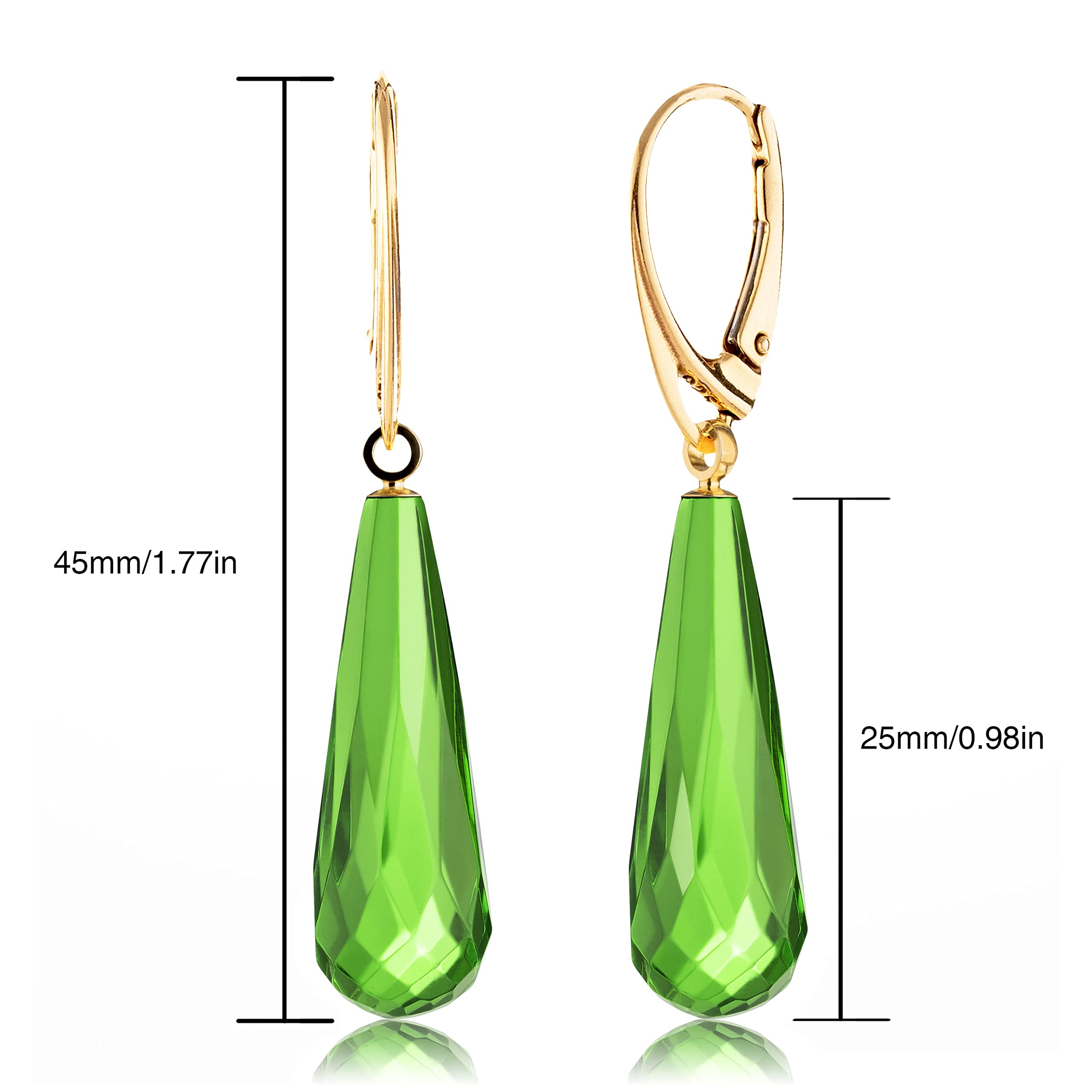 Amber by Mazukna - Amber Earrings for Women, Green Gemstone Teardrop, Gold Plated Silver ag925 Closure, 1.77x0.34in 0,07oz, Dangle Semi-Precious Stone Jewelry (Gold Plated)