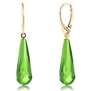 Amber by Mazukna - Amber Earrings for Women, Green Gemstone Teardrop, Gold Plated Silver ag925 Closure, 1.77x0.34in 0,07oz, Dangle Semi-Precious Stone Jewelry (Gold Plated)