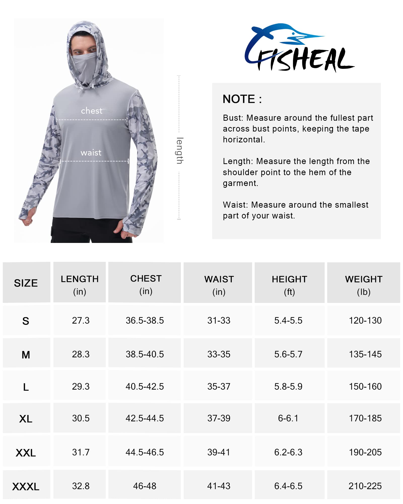 FISHEAL Mens SPF 50+ Fishing Hoodie Shirts - Long Sleeve Sun Protection Sweatshirts with Face Mask for Outdoor Running Wortout Hiking