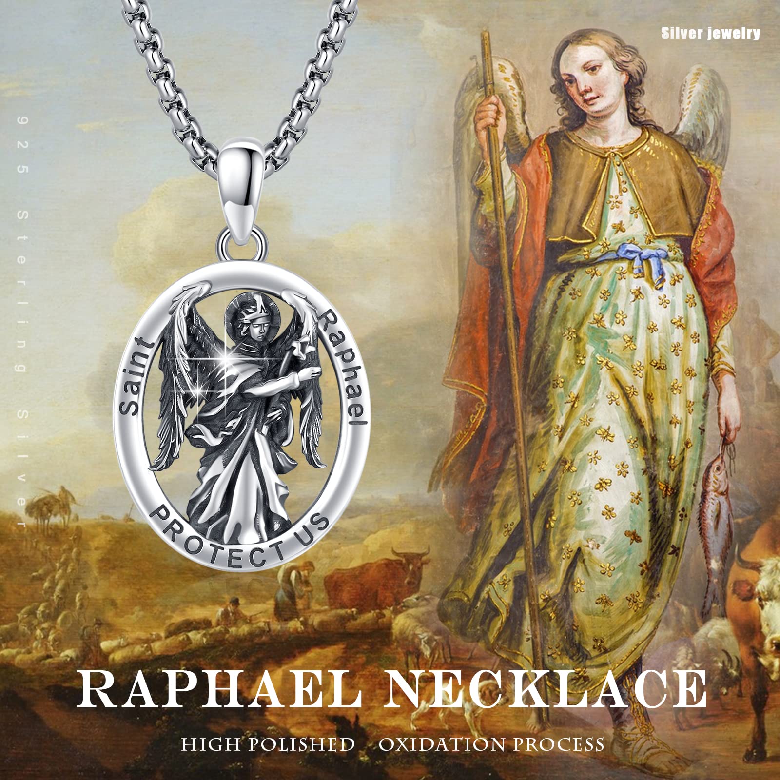 XIXLES Saint Raphael Necklace S925 Sterling Silver Archangel St Raphael Medal Pendant Jewelry for Men with 20 in Chain