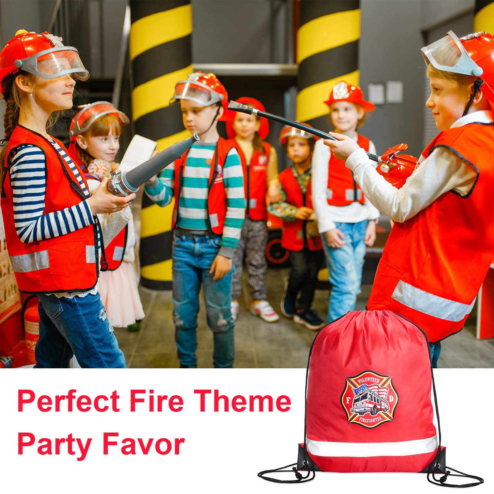 Xinnun 20 Pcs 13.39 x 16.54 Inch Firefighter Drawstring Backpack Firefighter Bag Fire Truck Firetruck Birthday Party Favor