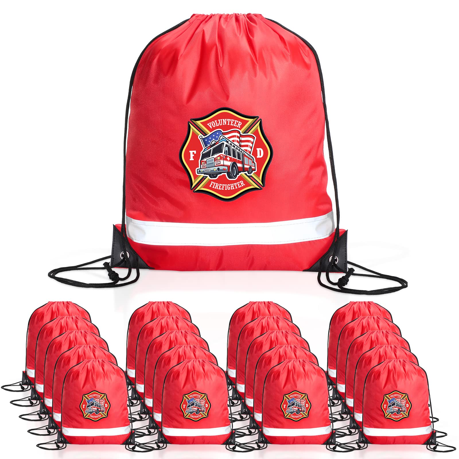 Xinnun 20 Pcs 13.39 x 16.54 Inch Firefighter Drawstring Backpack Firefighter Bag Fire Truck Firetruck Birthday Party Favor