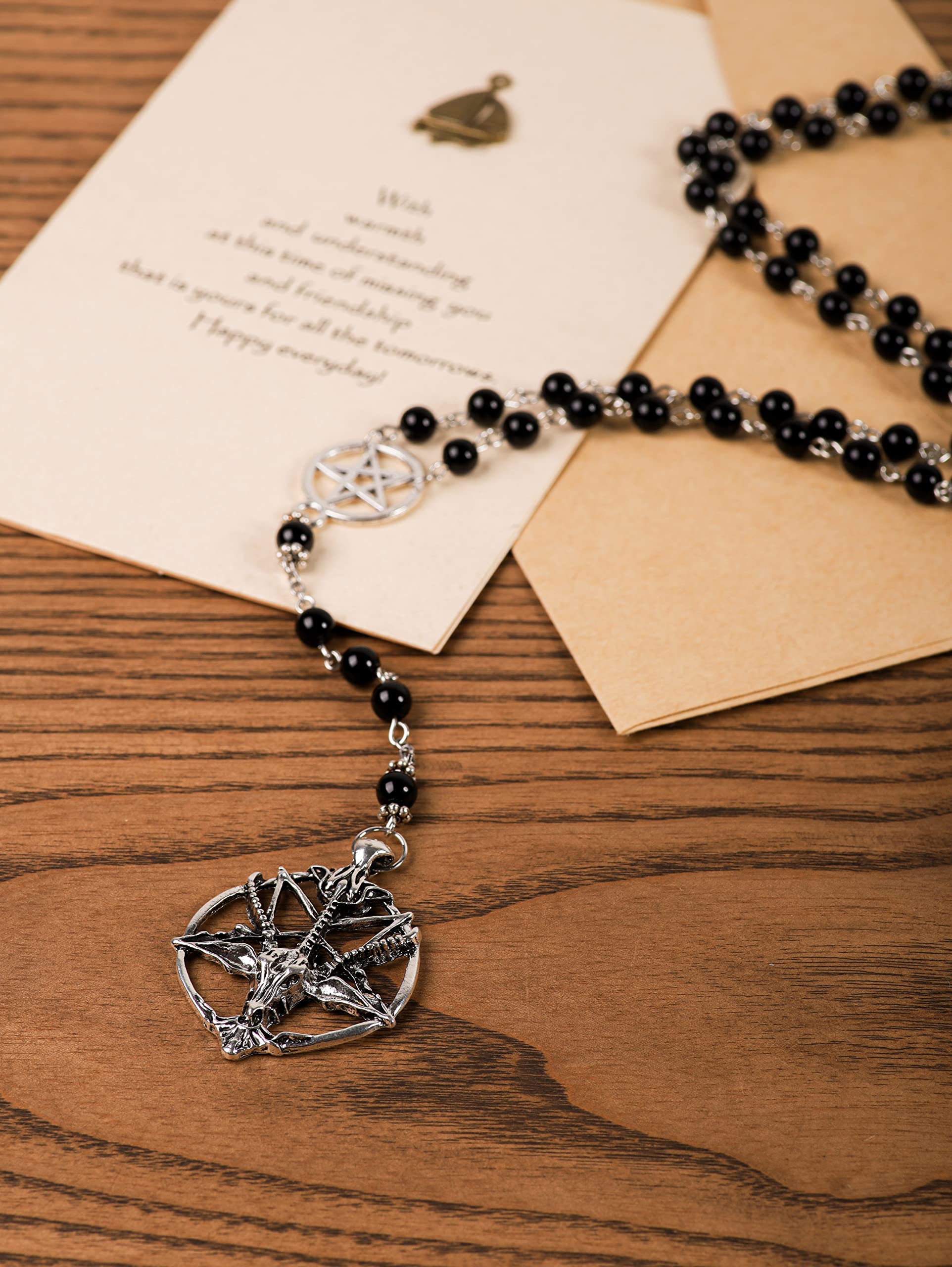 Sacina Gothic Baphomet Necklace, Pentagram Necklace, Long Bead Rosary Necklace, Goth Necklace, Halloween Christmas New Year Jewelry Gift For Women, Men