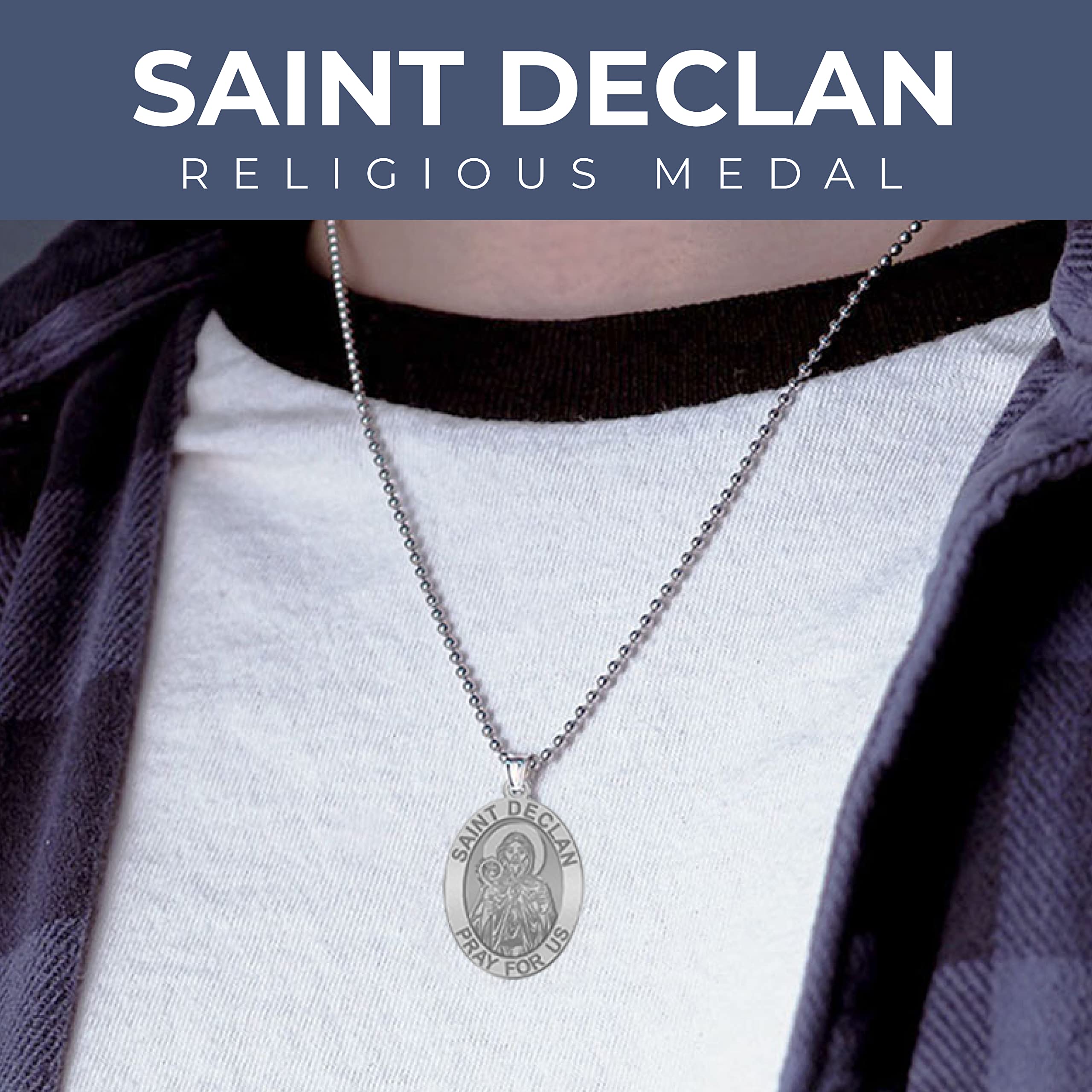 PicturesOnGold.com Saint Declan Oval Religious Medal EXCLUSIVE - Sterling Silver, 1/2 x 2/3 Inch Size of Dime With Engraving - Protection Jewelry Christian Gifts for Men & Women