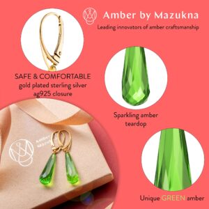 Amber by Mazukna - Amber Earrings for Women, Green Gemstone Teardrop, Gold Plated Silver ag925 Closure, 1.77x0.34in 0,07oz, Dangle Semi-Precious Stone Jewelry (Gold Plated)