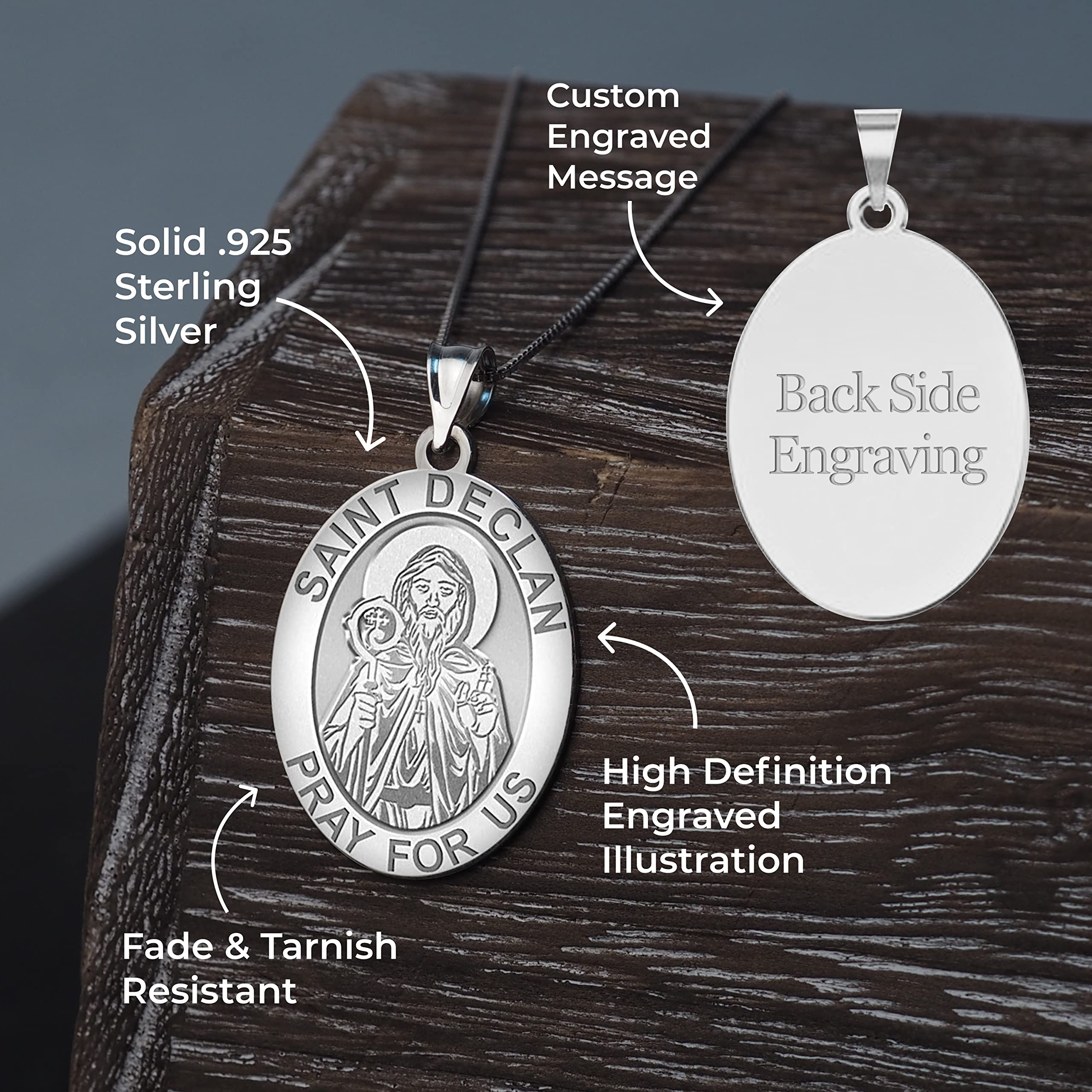 PicturesOnGold.com Saint Declan Oval Religious Medal EXCLUSIVE - Sterling Silver, 1/2 x 2/3 Inch Size of Dime With Engraving - Protection Jewelry Christian Gifts for Men & Women