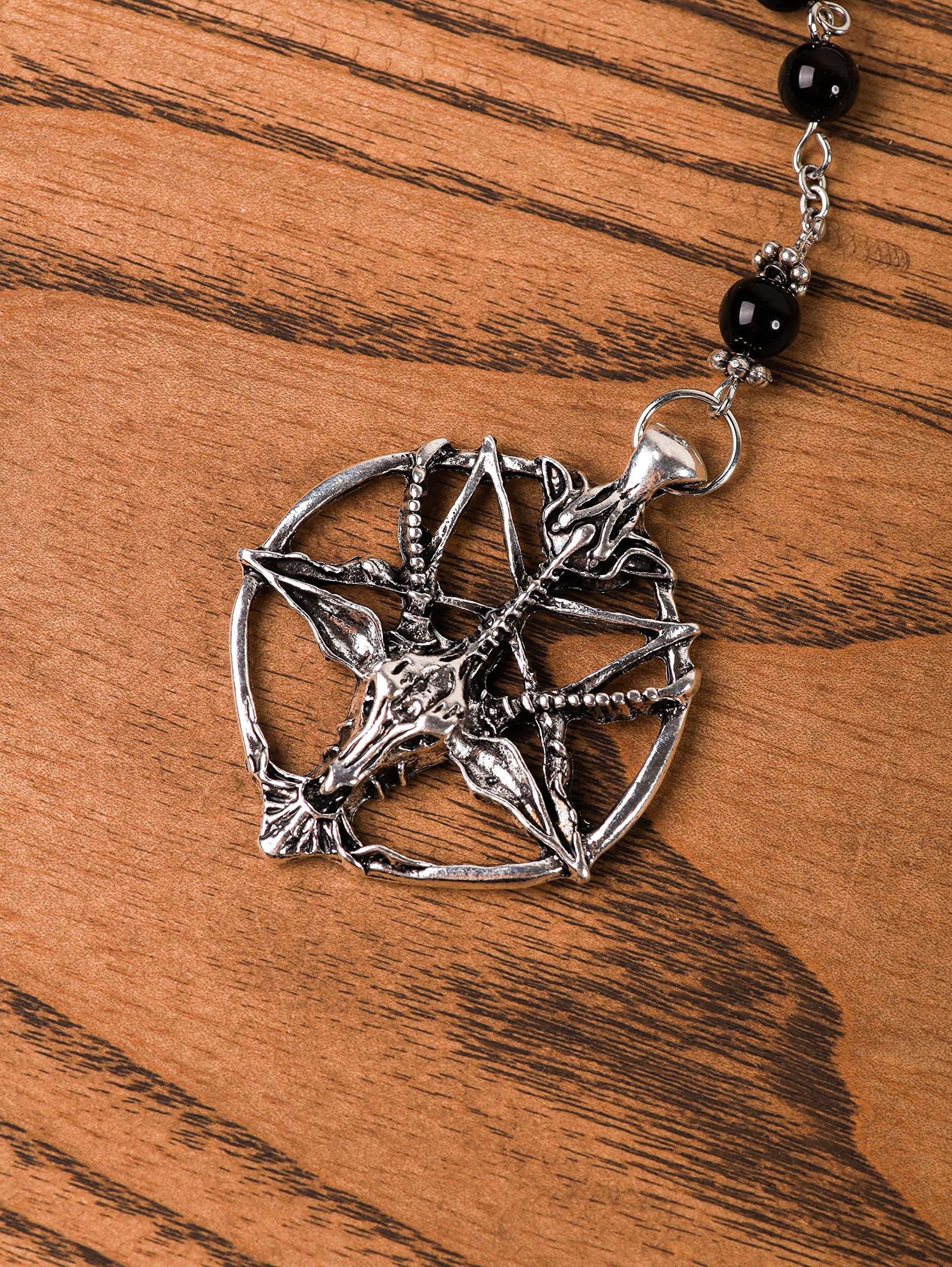 Sacina Gothic Baphomet Necklace, Pentagram Necklace, Long Bead Rosary Necklace, Goth Necklace, Halloween Christmas New Year Jewelry Gift For Women, Men