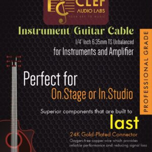 Clef Audio Labs Instrument Guitar Cable, 6ft - 1/4 inch TS Straight to Right Angle Electric bass Guitar AMP Cord, 22AWG, Black-Chrome Zinc Alloy Shell, PVC Jacket