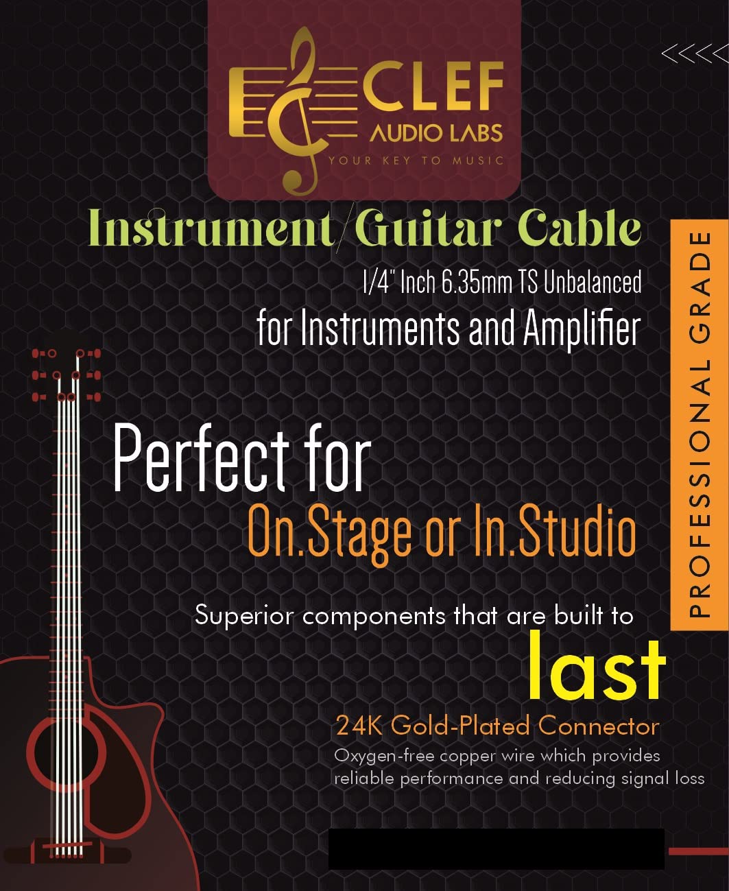 Clef Audio Labs Instrument Guitar Cable, 6ft - 1/4 inch TS Straight to Right Angle Electric bass Guitar AMP Cord, 22AWG, Black-Chrome Zinc Alloy Shell, PVC Jacket