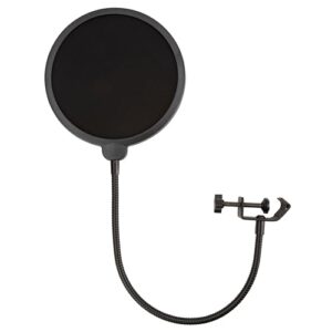 clef audio labs microphone pop filter with dual layered wind screen shield, flexible 360° gooseneck stabilizing arm, and heavy-duty desktop clip for podcasting, gaming, and mic recording