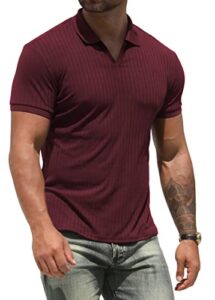 nitagut polo shirts for men v neck slim fit short sleeve performance golf shirt knit soft tees wine red, large